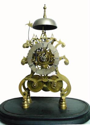 C.1860, English, John Bell, Burnley, 2-Fusee, bell strike skeleton clock, less dome, on wood base. — Antique Clocks Price Guide