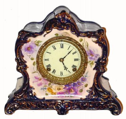C.1901, Ansonia Clock Co., "La Lorne", 8-day time/strike porcelain mantel clock in cobalt blue. — Antique Clocks Price Guide