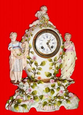 C.1890, German, Lenzkirch, porcelain figural clock, 8-day time and bell strike. — Antique Clocks Price Guide