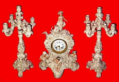 C.1890, German, Lenzkirch, 3-pc porcelain clock and candelabra set, 8-day time and bell strike, "Four Seasons". — Antique Clocks Price Guide