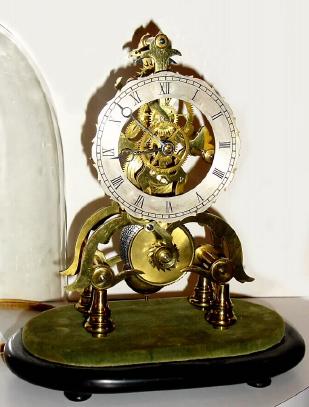 C.1875, English, Skeleton Clock, 1-Fusee, time only with glass dome. — Antique Clocks Price Guide