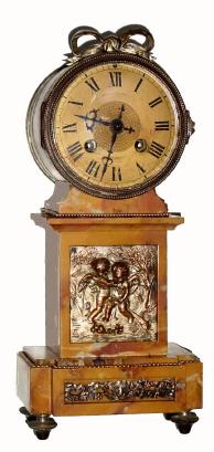 C.1900 French, Charles Hour for Grogan and Co., marble mantel clock, mini tall clock motif, 8-day time and bell strike. — Antique Clocks Price Guide