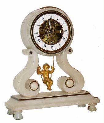 C.1900, French, swinging doll timepiece, 8-day, in a white alabaster case with brass trim. — Antique Clocks Price Guide