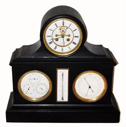 C.1890, French, Perpetual calendar, thermometer and barometer, open escapement, black marble mantel clock, 8-day. — Antique Clocks Price Guide