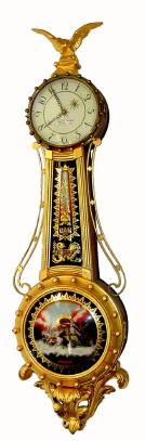 C.1973, Elmer O. Stennes, Weymouth, Mass, GIRANDOLE, 1-weight  banjo wall timepiece, gilt case, with Aurora glasses. — Antique Clocks Price Guide