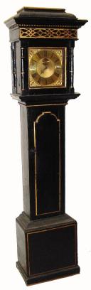 C.1750, English, One Hand, 30 Hour, bell strike tall case, the case now painted black with gold painted highlights. — Antique Clocks Price Guide