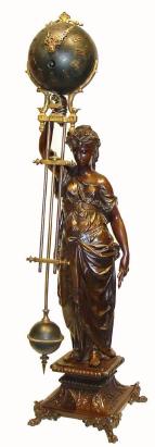 C.1890, French, Patinated Spelter, Swinging Mystery Timepiece a gowned lady similar to Diana, on a "footed base". — Antique Clocks Price Guide