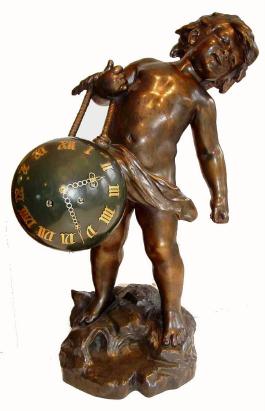 C.1890, French, Large Figural of a Small boy struggling to carry a large ball, in which is mounted a time and strike clock (original + 8-day). — Antique Clocks Price Guide