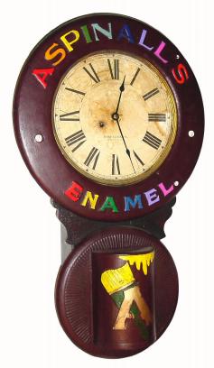 C.1895, Baird Clock Co., Plattsburg, N.Y., ASPINALL'S advertising timepiece, 8-day. — Antique Clocks Price Guide
