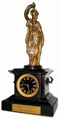 C.1880, French, "Mystery Clock", patinated gold over spelter statue, with portrait pendulum. — Antique Clocks Price Guide