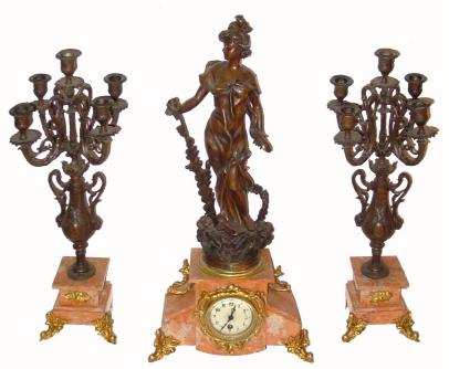 C.1890, French, marble garniture set, figural timepiece with two candelabra, 8-day. — Antique Clocks Price Guide