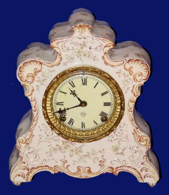 C.1905, Ansonia Clock Co., "K. Montauk" 8-day time/strike porcelain mantel clock. — Antique Clocks Price Guide