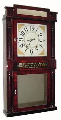 C.1835, C. and N. Jerome, 30-hour wood movement half column and splat, double deck shelf clock, with ad stencil. — Antique Clocks Price Guide