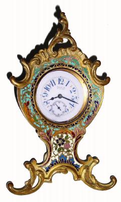C.1900, French, for Shreve and Co., San Francisco (on dial), ladies enameled brass boudoir clock. — Antique Clocks Price Guide