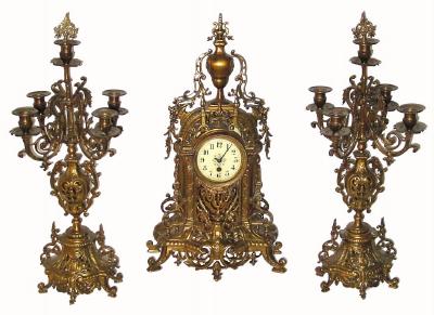 C.1900, French, 3-Piece Mantel Garniture set, clock and two 5 light candelabra. — Antique Clocks Price Guide