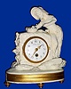 C.1875, French, White Porcelain figural clock, 8-day timepiece, dial signed Gilles l'Aine, a girl feeding birds at a bird bath. 