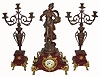 C.1890, French, La Ceramique, patinated spelter and marble 3- piece mantel clock set. 