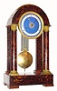C.1830 French, 4-pillar Empire, 8-day time/strike silk thread suspension mantel clock, with blue/white porcelain dial and grid pendulum. 