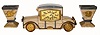 C.1925, French Marble and Bronze, Automobile and Clock, 3-piece Deco set, bronze pieces signed F. Rasumny, dial signed J. Coste, Aix en. Provence, 8-day bell strike, pendulum movement. 