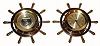 C.1947, Chelsea Clock Co., Yacht Wheel Set,, 6 inch dials, Ship's Bell clock and matching barometer in brass and bronze finish. 