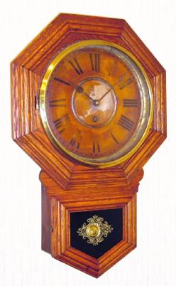 C.1920, Sessions, DROP OCTAGON, 12", short drop solid oak school clock, time only. — Antique Clocks Price Guide