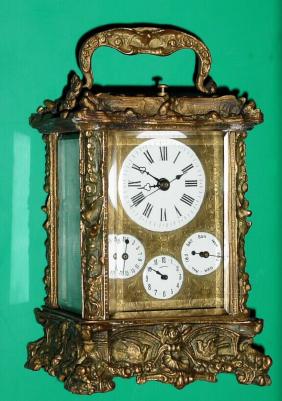 C.2002, Chinese, Repro brass cased carriage clock, with strike, repeat, alarm, day, date and center seconds hand. — Antique Clocks Price Guide