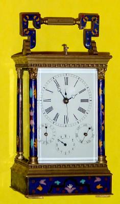 C.2000, Chinese, Repro Carriage Clock, brass case with cloisonne enamel, dark blue with yellow, pink and aqua accents, also with day and date dials and alarm, plus center seconds hand, time, strike and repeat. — Antique Clocks Price Guide