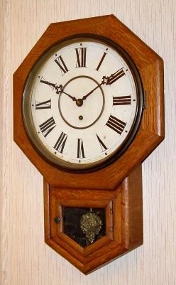 C.1910, Waterbury, Short Drop Octagon school clock, 11 inch dial, time only. — Antique Clocks Price Guide