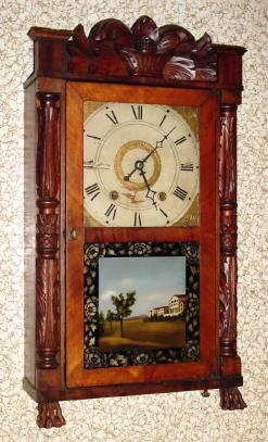 C.1832, Upson, Merrimans and Co., Bristol, Conn, short transitional, 30 hour wooden works, carved column and splat. — Antique Clocks Price Guide