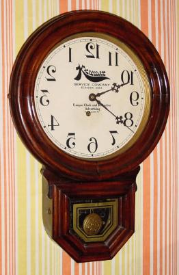 C.1881, E. Ingraham and Co., "Dew Drop", 8-day barbershop wall timepiece/ Waterbury-Kramer replacement dial. — Antique Clocks Price Guide