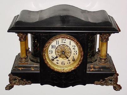 C.1914, Seth Thomas Clock Co., 8-day time/strike adamantine mantel clock, large model with curved sides and 4 free standing columns. — Antique Clocks Price Guide