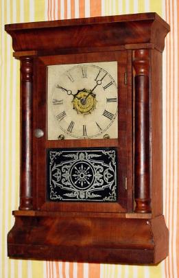 C.1870, New Haven Clock Co., 8-day time/strike/alarm column and cornice shelf clock. — Antique Clocks Price Guide