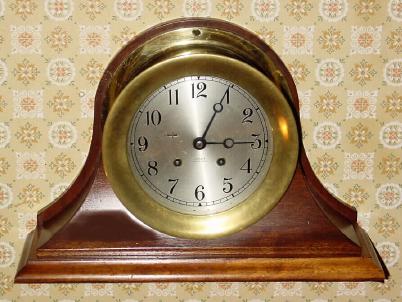 C.1952, Chelsea Clock Co., Boston, Mass, "Mahogany and Metal", 8-day time and ship's bell clock. — Antique Clocks Price Guide