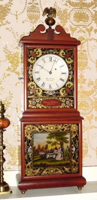C.1978, Wayne R. Cline, Bowling Green, KY, repro Mass Shelf clock, full size, 1-weight, 8-day in a mahogany case with hand painted Moberg tablets. — Antique Clocks Price Guide
