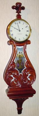 C.1982 (dated) Foster S. Campos, Pembroke, Mass, 8-day wall lyre, with Prince of Wales triple feather on top, tablet of Music with her lyre. — Antique Clocks Price Guide