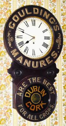 C.1900, New Haven Clock Co., Embossed advertising clock for "Goulding's Manures Are the Best for All Crops - Dublin Cork" — Antique Clocks Price Guide