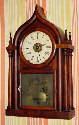 C.1845, Brewster and Ingrahams, 8-day time/strike/alarm onion top shelf clock, with turned steeple finials. — Antique Clocks Price Guide
