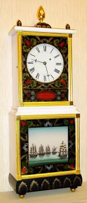 C.2004 (dated) Foster S. Campos BRIDES CLOCK, Mass shelf clock finished in white with contrasting gold and leaf stenciling. — Antique Clocks Price Guide