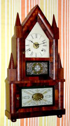 C.1850, Birge and Fuller, Bristol, Conn, Wagon Spring, Steeple on Steeple, 30-hour time and strike. — Antique Clocks Price Guide