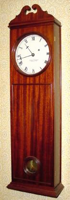 C.2001, Foster S. Campos, Pembroke, Mass, New England coffin timepiece reproduction, 1-wt, 8-day, mahogany case. — Antique Clocks Price Guide