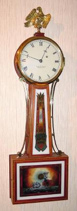 C.1979 (dated) Foster S. Campos, Pembroke, Mass, Banjo timepiece reproduction, 1-wt, 8-day, cross banded mahogany case, with signed Moberg Aurora lower tablet and Union shield throat glass. — Antique Clocks Price Guide