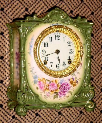 C.1901, Ansonia, La Barque, Royal Bonn, porcelain china mantel clock, 8-day gong strike. — Antique Clocks Price Guide