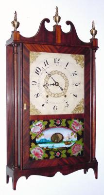 C.1828, Chauncey Ives, 30-hour time/strike wood movement pillar and scroll shelf clock. — Antique Clocks Price Guide