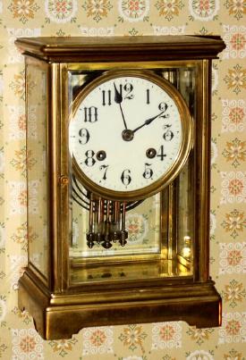 C.1910, Vermont Clock Co., Crystal Regulator, brass and 4-glass, 8-day gong striking clock. — Antique Clocks Price Guide