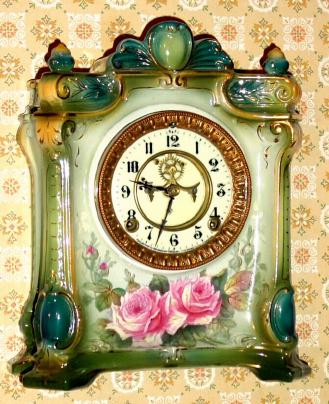 C.1915, Ansonia Clock Co., Royal Bonn, "La Seine", 8-day time/strike, open escapement, porcelain mantel clock. — Antique Clocks Price Guide