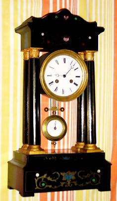 C.1860, French, Japy Fils, 4-Column Empire style mantel clock with engraved brass and enamel inlays, 8-day, bell strike. — Antique Clocks Price Guide