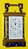 C.2000, Chinese, Repro Carriage Clock, brass case with cloisonne enamel, dark blue with yellow, pink and aqua accents, also with day and date dials and alarm, plus center seconds hand, time, strike and repeat.