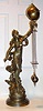 C.1890, French, Large Patinated Spelter swinging arm clock, the female statue of Fortune, her right foot on a winged wheel of fortune, and her left arm supporting the clock. The timepiece arm with the movement contained within the large ball and the entire arm swinging without apparent impulse.