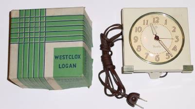 C.1938, Westclox, LaSalle, IL, 110 volt deco style alarm clock, in original factory box, LOGAN, model 866, Luminous. — Antique Clocks Price Guide