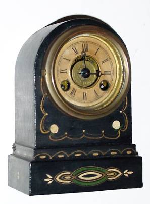 C.1870, Terry Clock Co, Waterbury, Conn, 30-Hour time and alarm, repainted black iron case. — Antique Clocks Price Guide